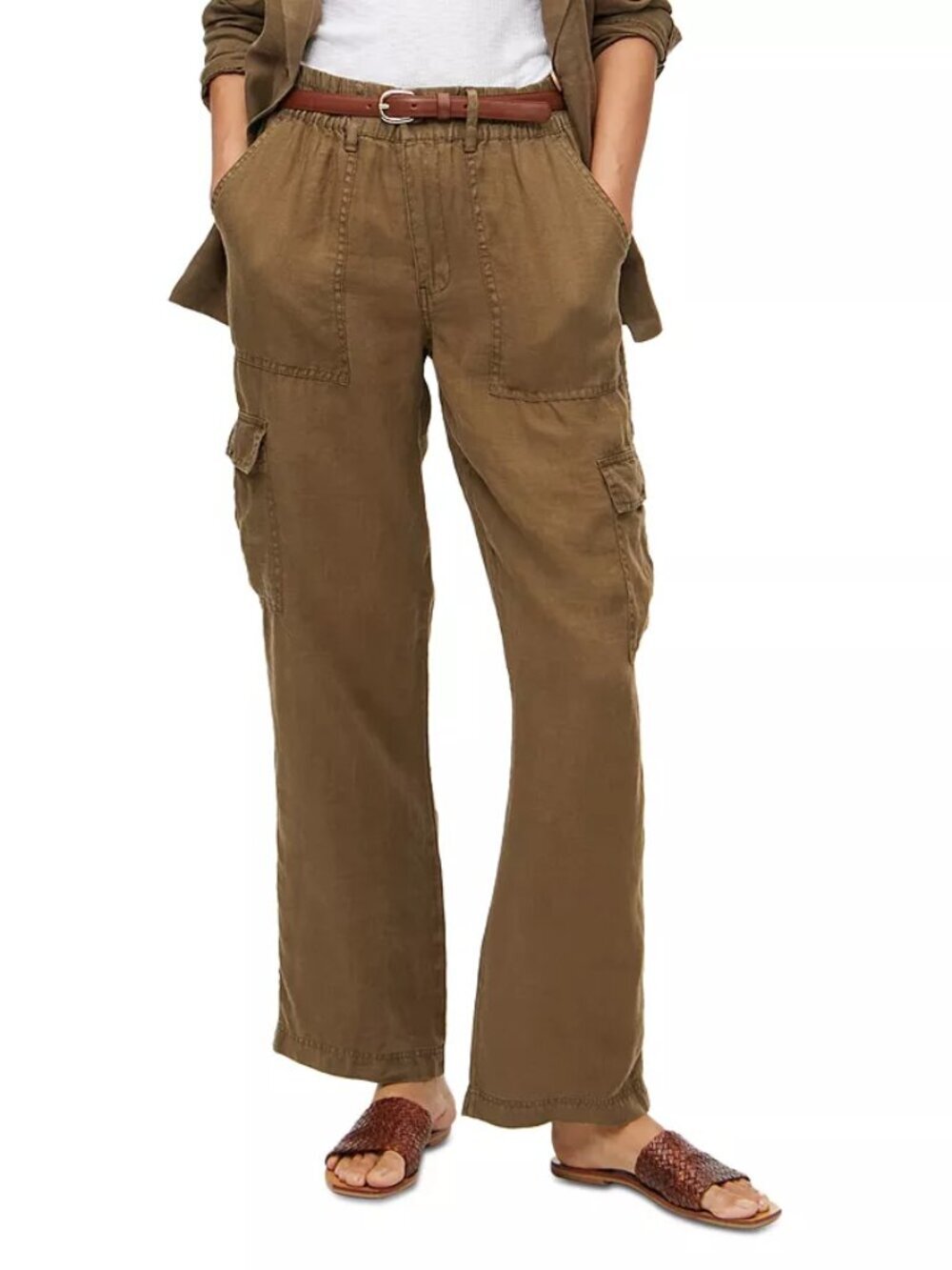MICHAEL STARS Bobbi Olive Brown 100% Linen Straigt Leg Cargo Pants, Size S